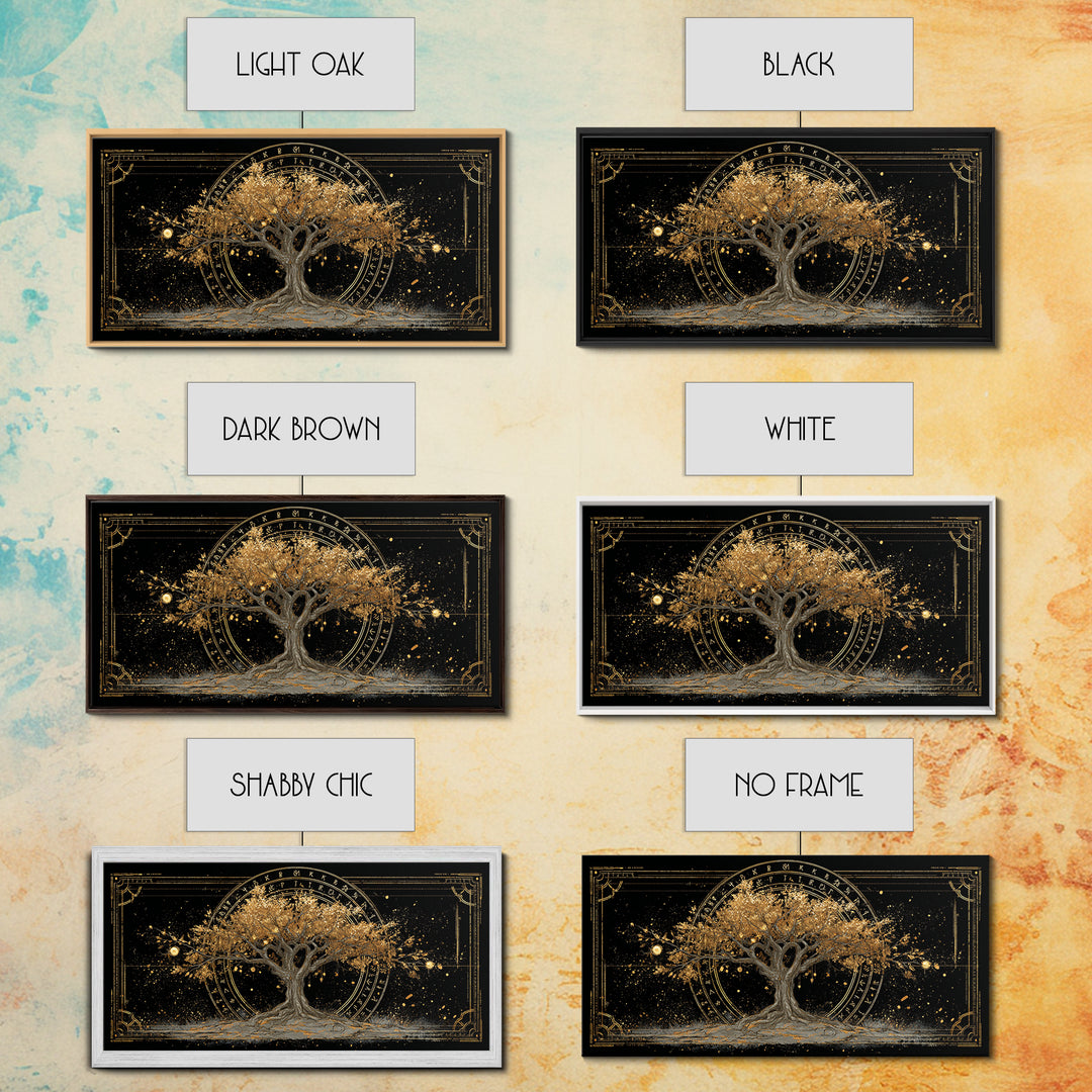 The World Tree Yggdrasil Canvas Gold Art, Norse Mythology Canvas Art for Office, Viking Man Cave Decor, framed in natural wood