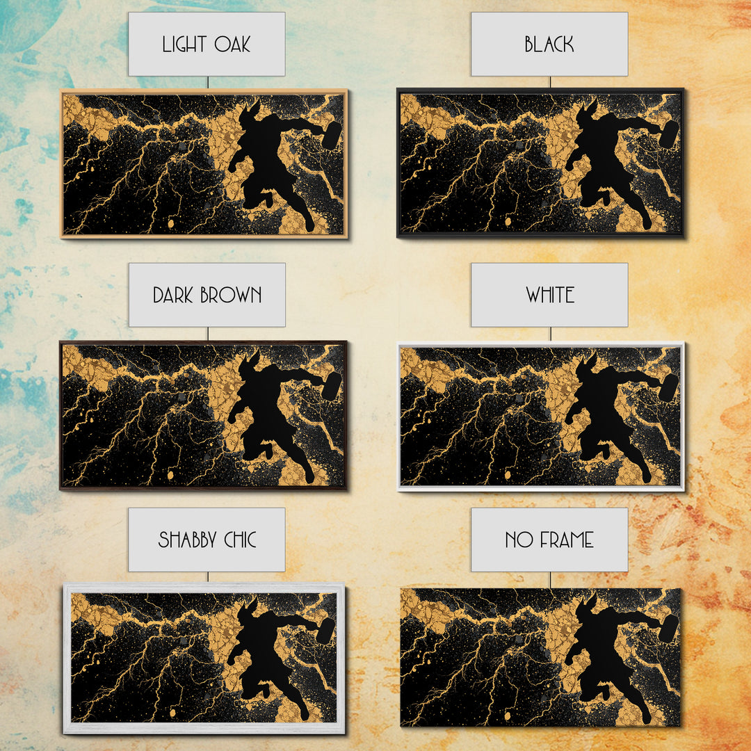 Viking Thor with Mjolnir Canvas Gold Art, Norse Mythology Canvas Art Wall Decor for Man Cave or Dad Gift, framed in solid wood
