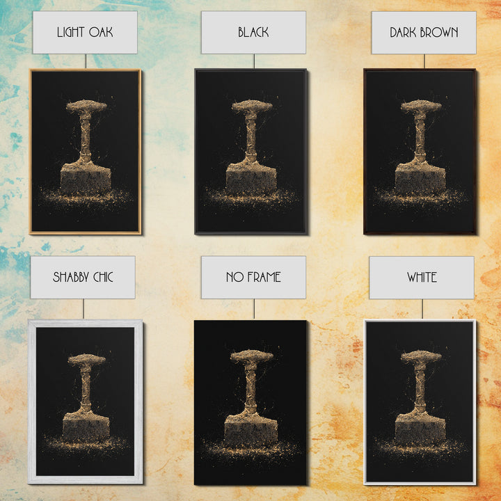 Thor’s Hammer Canvas Gold Art Canvas Art | Norse Mythology Mjölnir Wall Decor Pagan Viking Symbol | Mounted with Real Wood Frame