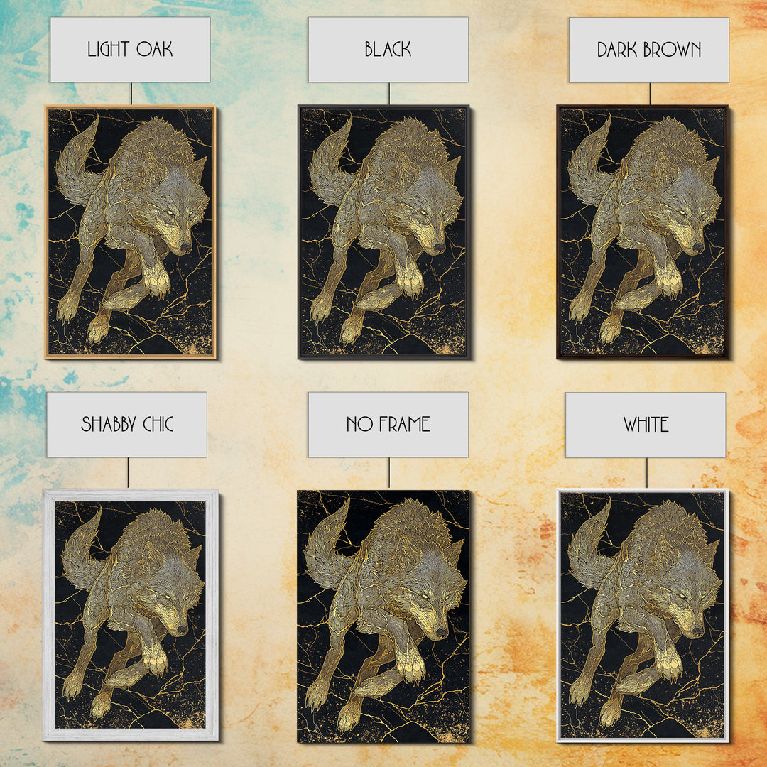 Fenrir Wolf Canvas Gold Art Canvas Art | Norse Mythology Beast Wall Art for Office Decor or Dad Gift | Framed in Real Wood