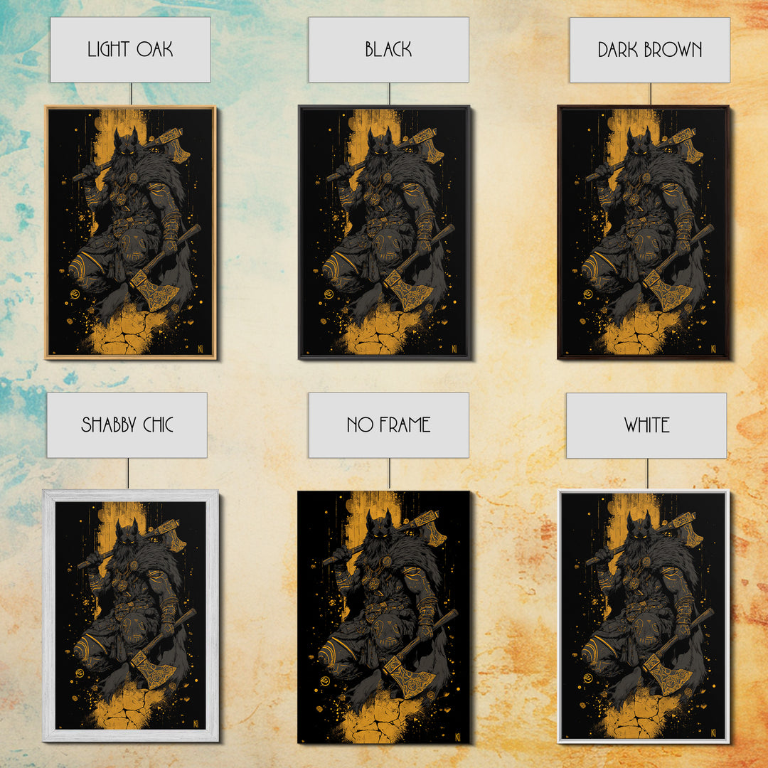 Odin’s Wolf Warrior Canvas Gold Art Canvas Art | Nordic Viking God Wall Decor for Man Cave or Office | Set in Solid Wood Frame