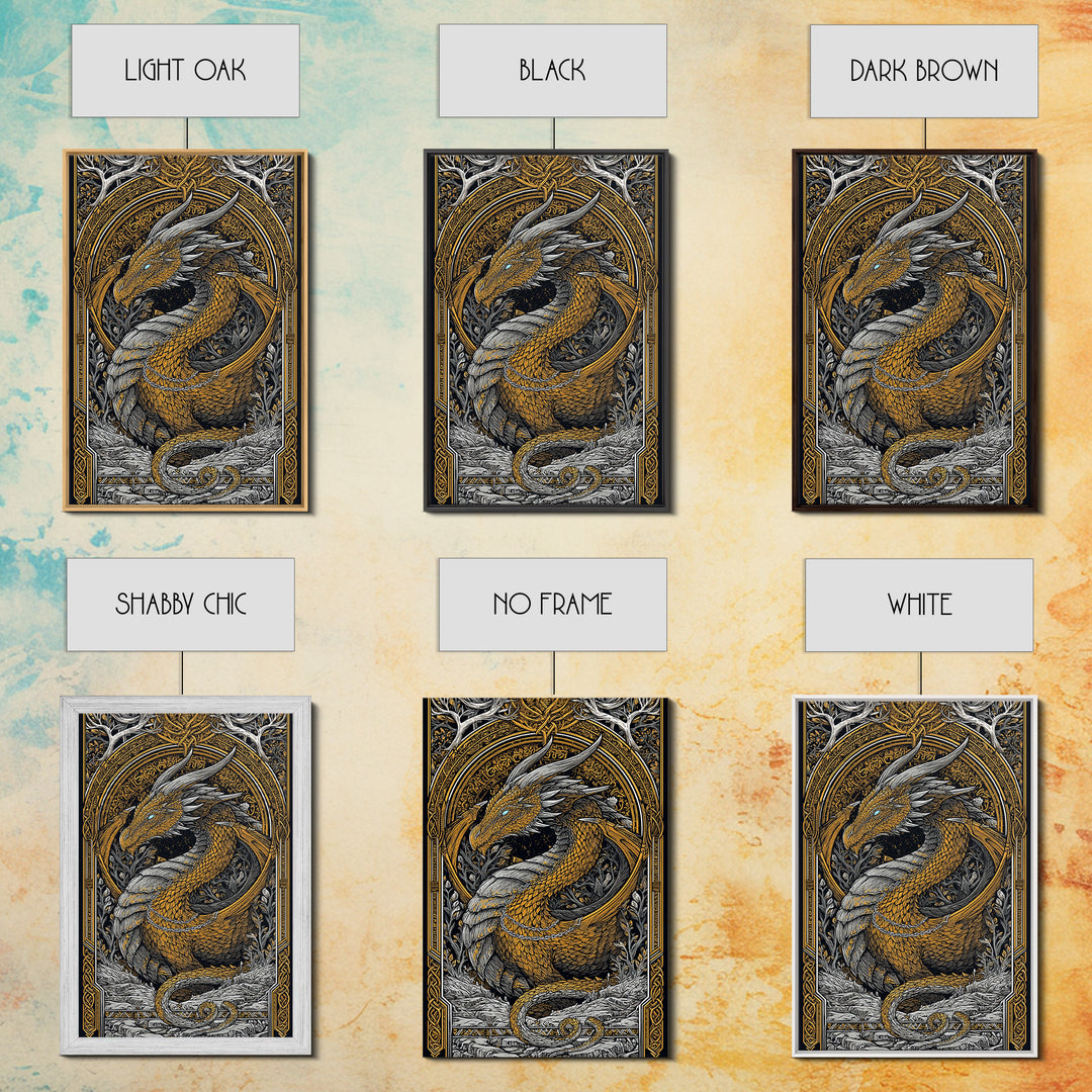Nordic Dragon Canvas Gold Art Canvas Art | Viking Mythology Wall Decor for Dad Gift or Office Art | With Natural Wood Frame