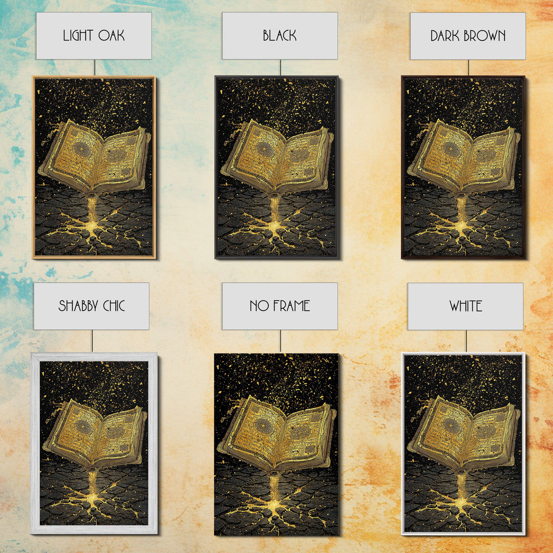 Nordic Spellbook Canvas Gold Art Canvas Art | Viking Runes Mythology Wall Decor for Man Cave or Office | Framed with Wood