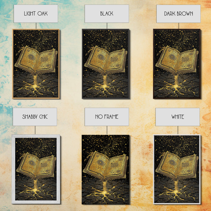 Nordic Spellbook Canvas Gold Art Canvas Art | Viking Runes Mythology Wall Decor for Man Cave or Office | Framed with Wood