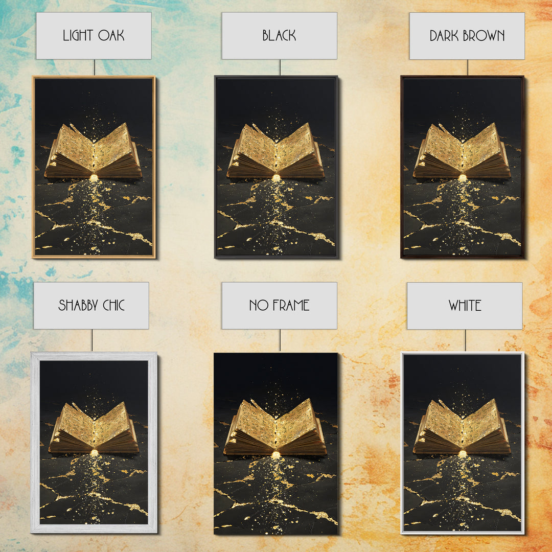 Ancient Rune Book Canvas Gold Art Canvas Art | Norse Mythology Viking Decor for Office Art or Man Cave | Natural Wood Framing
