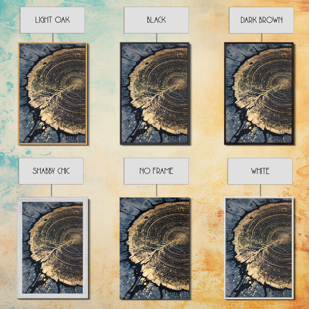 Odin’s Yggdrasil Tree Ring Canvas Gold Art, Nordic Mythology Canvas Art for Man Cave or Office, framed in natural real wood