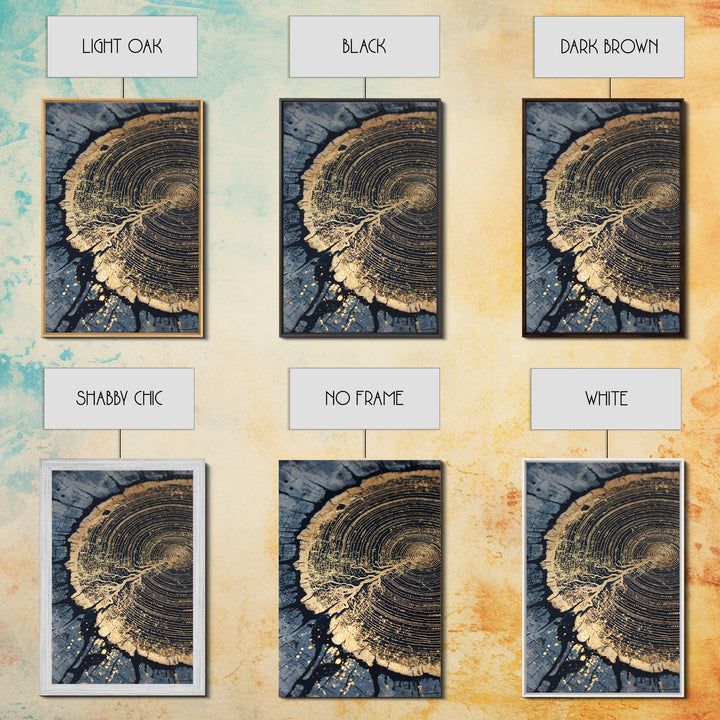 Odin’s Yggdrasil Tree Ring Canvas Gold Art, Nordic Mythology Canvas Art for Man Cave or Office, framed in natural real wood