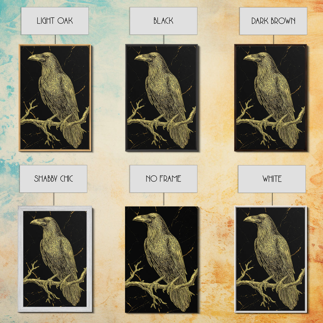 Raven Canvas Gold Art Wall Decor, Huginn and Muninn Inspired Norse Mythology Canvas Art for Office or Man Cave, in real wood frame