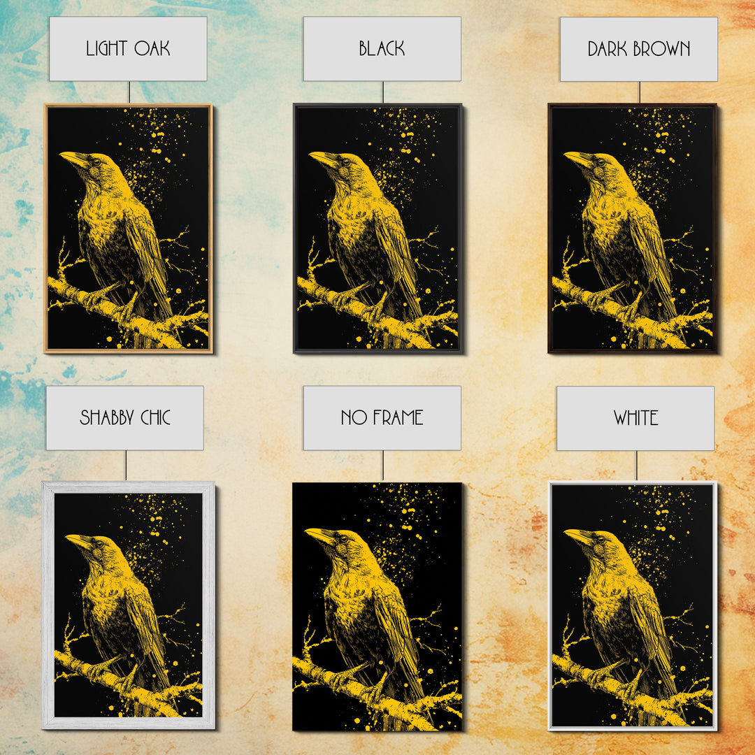 Nordic Mythology Raven Canvas Gold Art, Odin’s Huginn Raven Canvas Art for Dad Gift, Office or Study, framed with natural wood