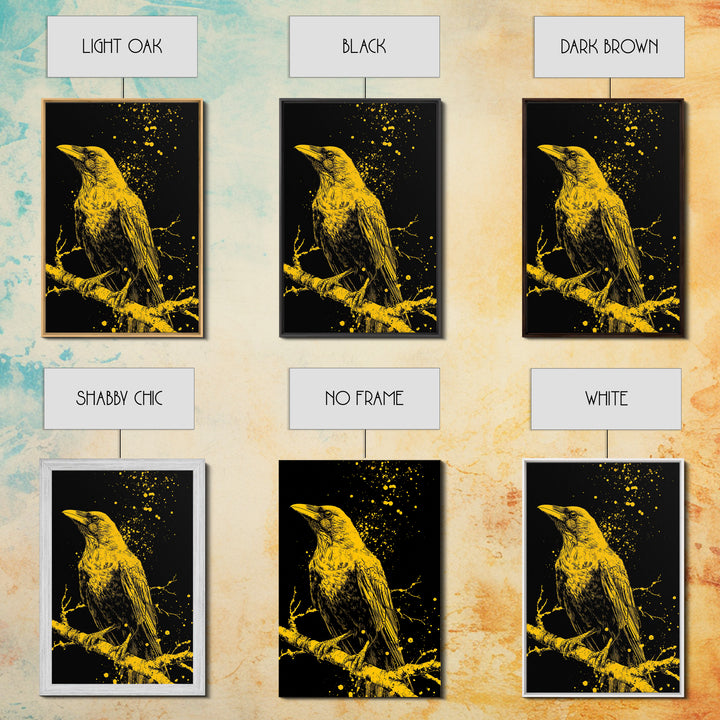 Nordic Mythology Raven Canvas Gold Art, Odin’s Huginn Raven Canvas Art for Dad Gift, Office or Study, framed with natural wood