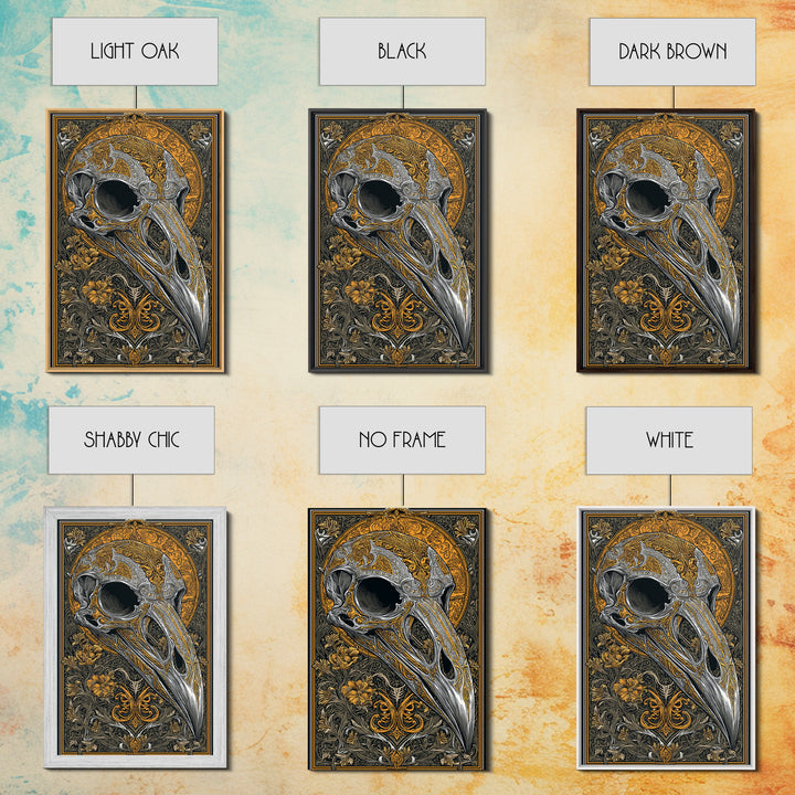 Norse Crow Skull Canvas Gold Art, Nordic Mythology Canvas Art for Man Cave or Office, framed in handcrafted real wood frame