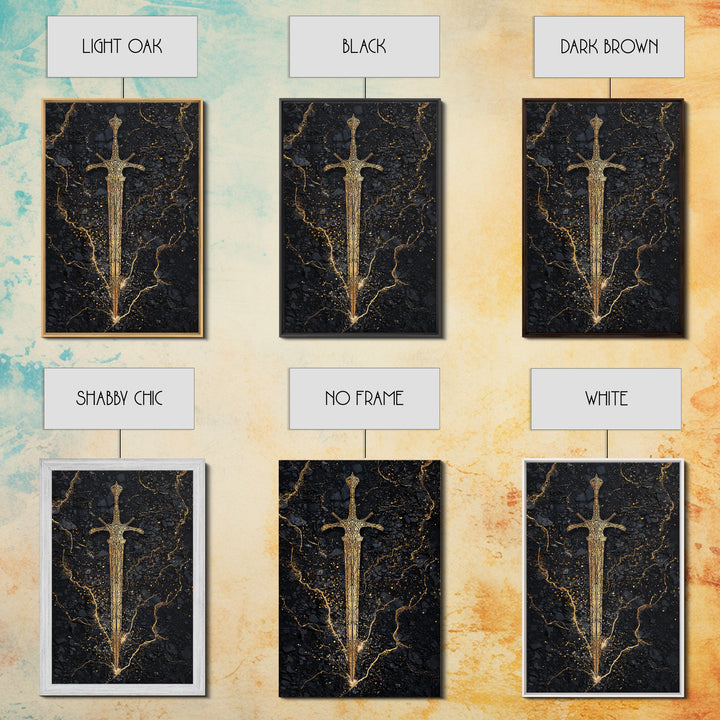 Nordic Sword of Legends Canvas Gold Art, Norse Mythology Inspired Canvas Art for Man Cave or Office, with real wood frame