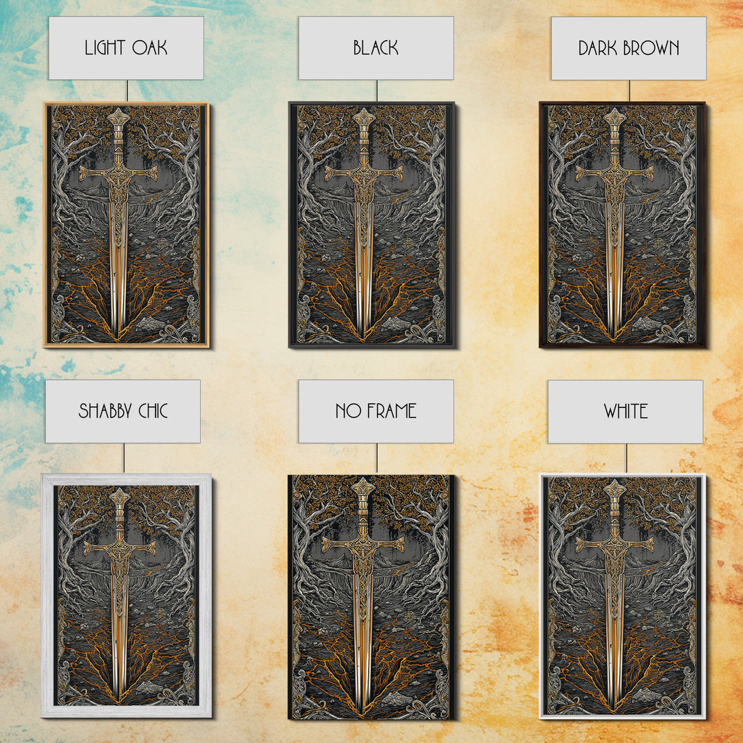 Yggdrasil Sword Canvas Gold Art, Nordic Mythology Canvas Art for Office or Dad Gift, handcrafted and framed in real natural wood