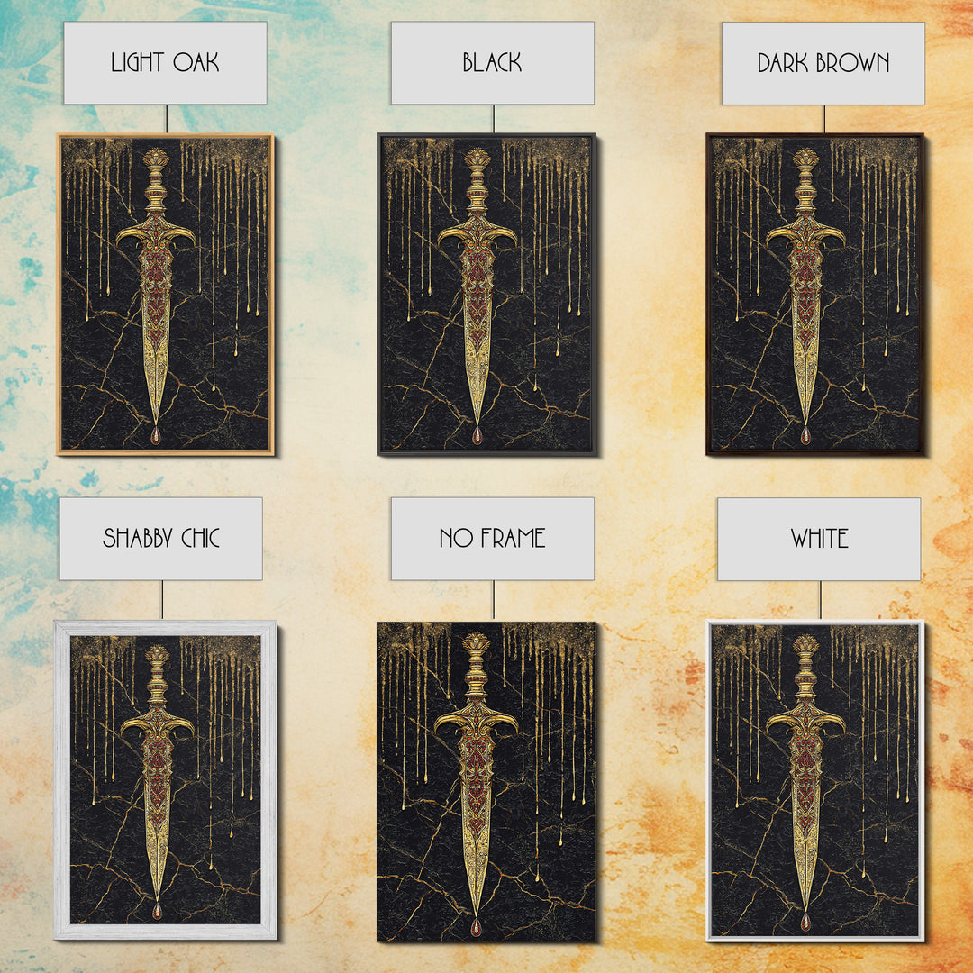Norse Royal Dagger Canvas Gold Art Canvas Art | Viking Weapon Mythology Wall Decor Office Art | Framed with Solid Natural Wood