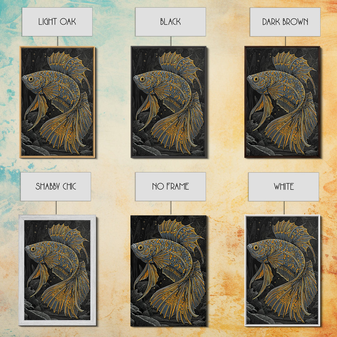 Canvas Gold Art Nordic Fish Canvas Art Wall Hanging, Viking Sea Symbol Decor for Office or Dad Gift, Framed with Real Wood