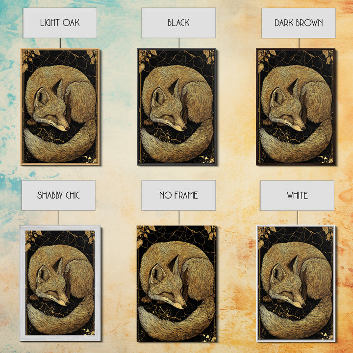 Nordic Sleeping Fox Canvas Gold Art Canvas Art Decor, Viking Myth Inspired Animal Wall Hanging with Natural Wood Frame