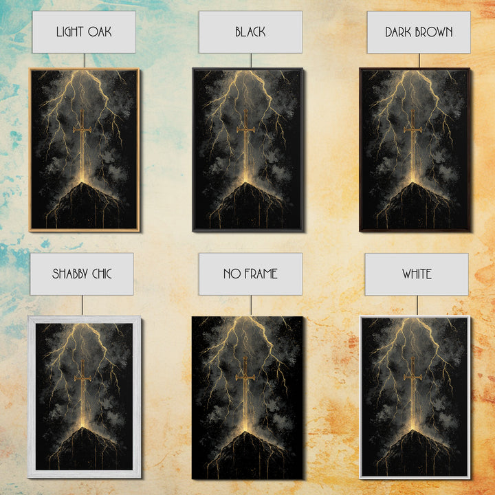 Storm Forged Sword Canvas Gold Art, Nordic Mythology Canvas Art with Lightning Strikes, Man Cave Office Decor, Real Wood Frame