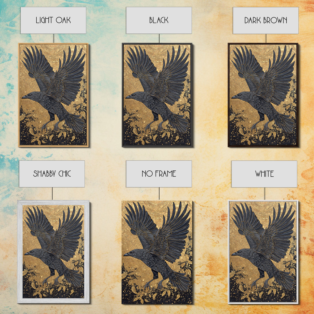 Raven of Odin Canvas Gold Art Canvas Art | Norse Mythology Wall Decor | Viking Symbol Office Art Dad Gift | Natural Wood Frame