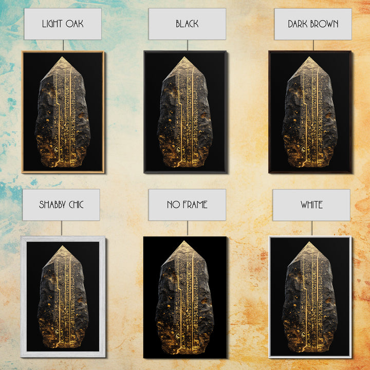 Runestone Canvas Gold Art, Nordic Canvas Art with Ancient Viking Runes, Norse Mythology Wall Decor framed in natural wood