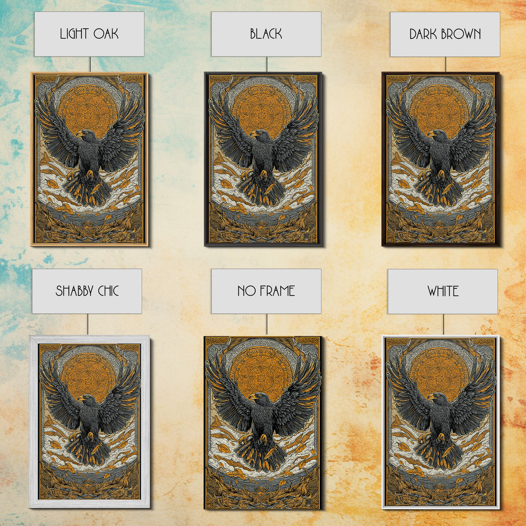 Nordic Eagle Guardian Canvas Gold Art Canvas Art | Viking Wall Decor Norse Mythology Art for Men | Mounted in Real Wood Frame