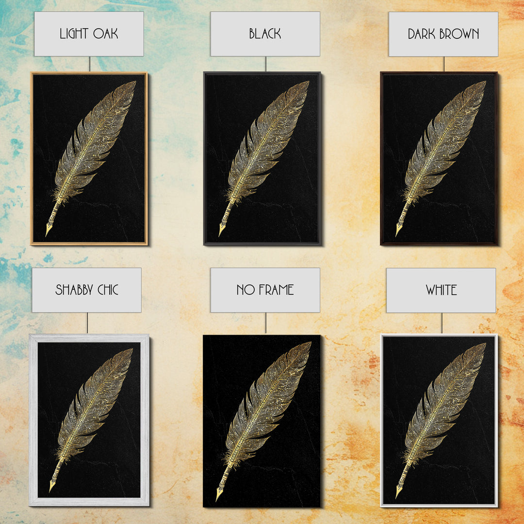 Runic Feather Quill Canvas Gold Art Canvas Art | Viking Mythology Writing Symbol Wall Decor | Office or Study Gift with Wood Frame