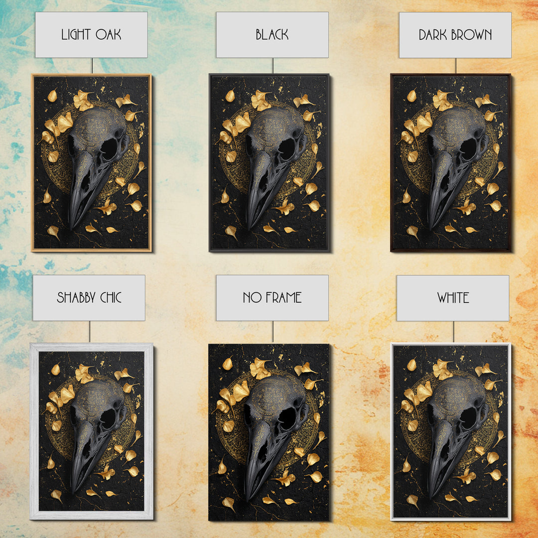Raven Skull Canvas Gold Art Canvas Art | Odin’s Symbol Norse Mythology Wall Decor | Man Cave or Office Art with Natural Wood Frame