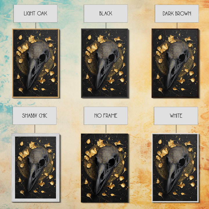 Raven Skull Canvas Gold Art Canvas Art | Odin’s Symbol Norse Mythology Wall Decor | Man Cave or Office Art with Natural Wood Frame