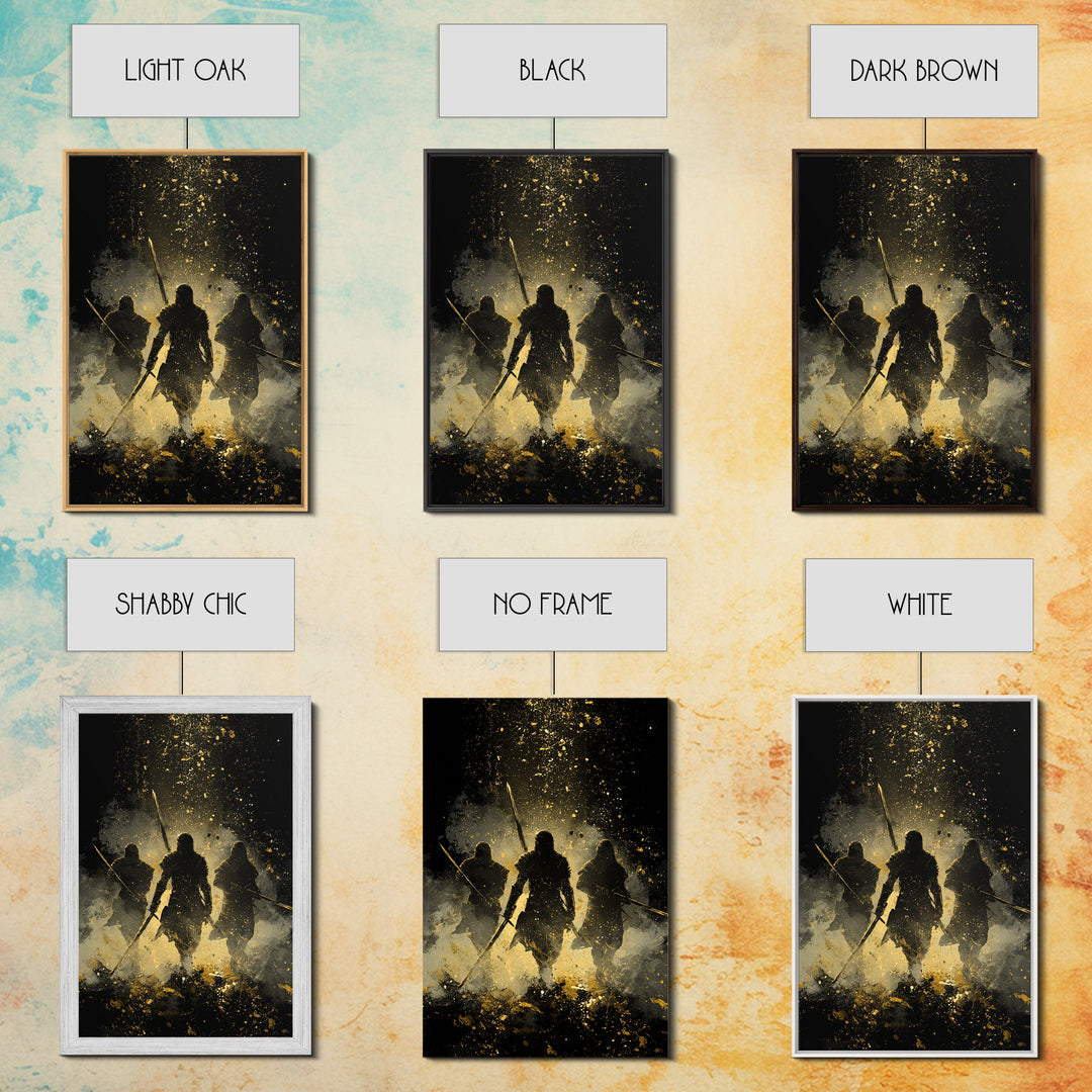 Viking Einherjar Canvas Gold Art Canvas Art – Nordic Mythology Warrior Spirits Wall Decor for Office or Man Cave, real wood frame