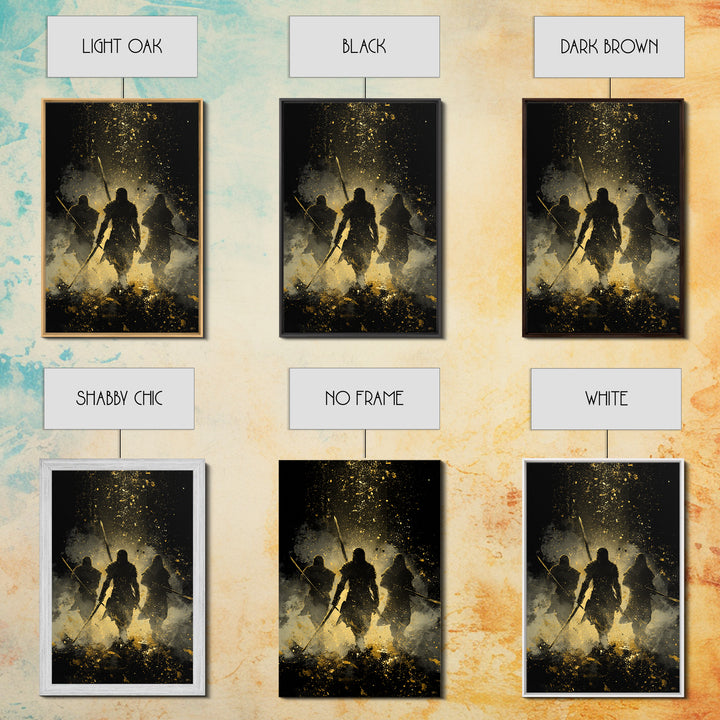 Viking Einherjar Canvas Gold Art Canvas Art – Nordic Mythology Warrior Spirits Wall Decor for Office or Man Cave, real wood frame