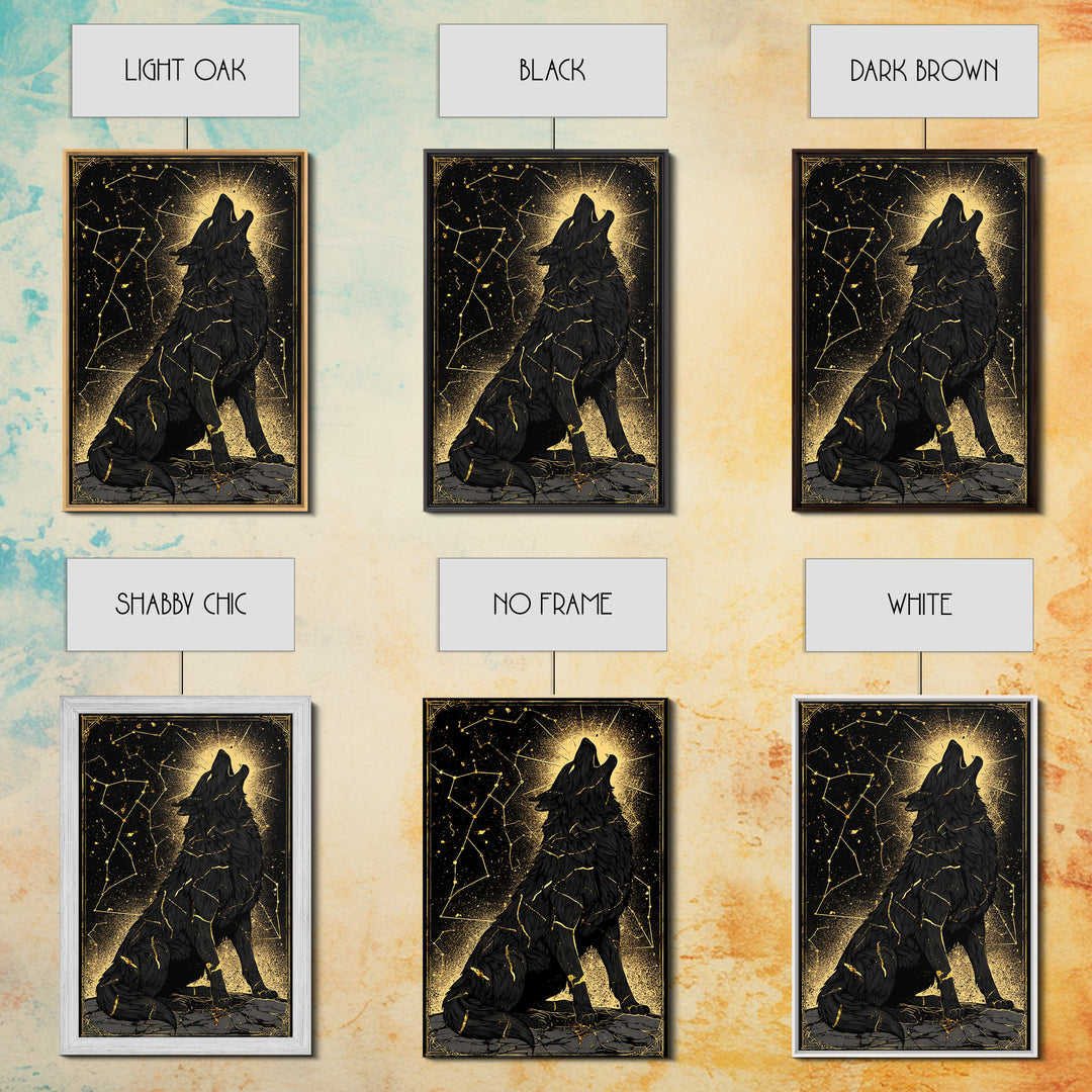 Fenrir Wolf Canvas Gold Art Canvas Art – Norse Mythology Wall Decor of Giant Wolf, Viking Office or Man Cave Gift, framed in wood