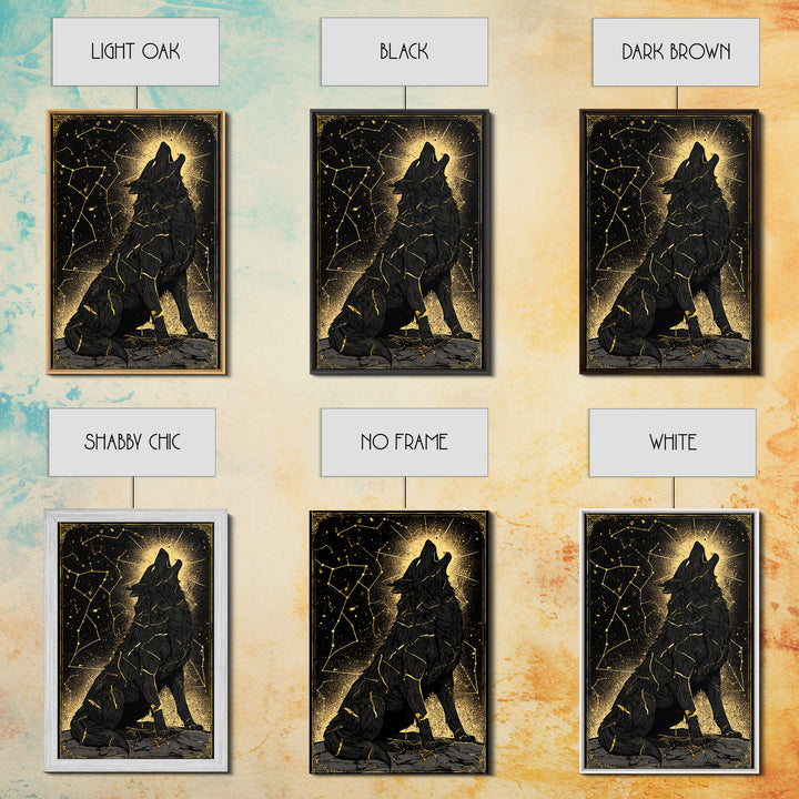 Fenrir Wolf Canvas Gold Art Canvas Art – Norse Mythology Wall Decor of Giant Wolf, Viking Office or Man Cave Gift, framed in wood
