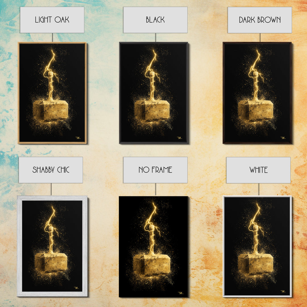 Canvas Gold Art of Thor’s Hammer Mjolnir, Norse Mythology inspired Canvas Art, Viking Man Cave wall décor with real wood framing