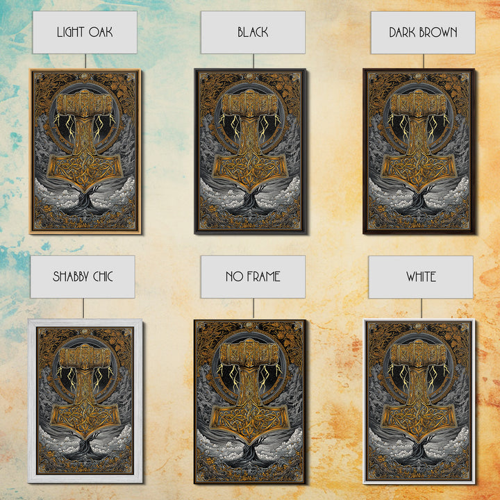 Norse Mythology Mjolnir Hammer Artwork, Canvas Gold Art and Viking Canvas Art, framed in real wood, Nordic office and dad gift décor