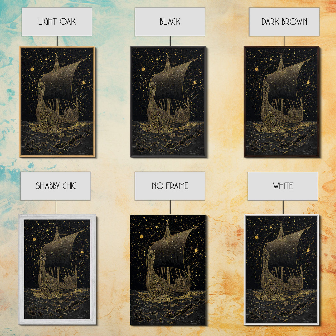 Norse Naglfar Viking Ship Artwork, Canvas Gold Art and Canvas Art, Nordic Mythology wall décor framed in real wood, unique dad gift