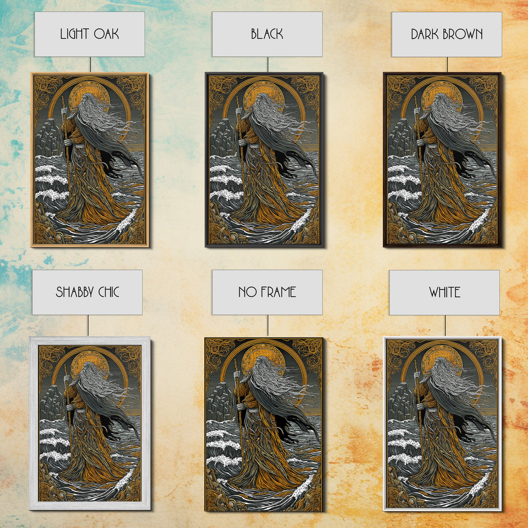 Nordic God Njord Canvas Gold Art, Ocean Deity Norse Mythology Canvas Art for Office Wall or Dad Gift, framed with natural wood