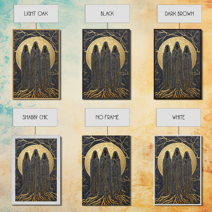 Viking Norns Canvas Gold Art, Nordic Mythology Canvas Art of Fate Goddesses and Runes, Norse Decor framed with natural wood frame