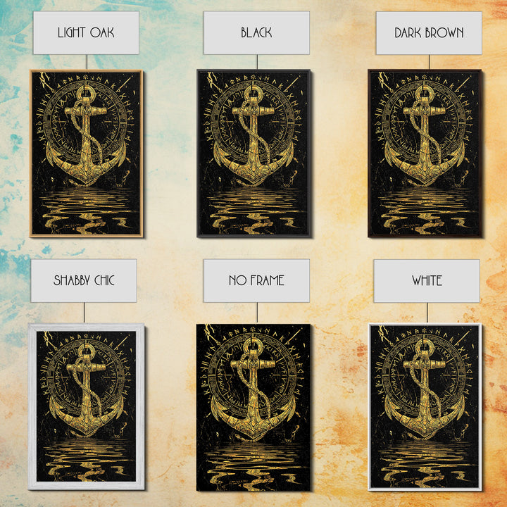 Runic Anchor Canvas Gold Art Canvas Art Norse Mythology Wall Decor for Men’s Office or Man Cave, framed with natural wood
