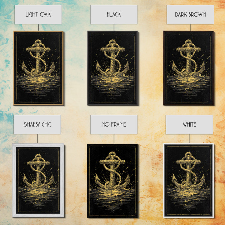 Nordic Anchor Canvas Gold Art Canvas Art Norse Mythology Decor for Office, Man Cave or Dad Gift, framed in real wood