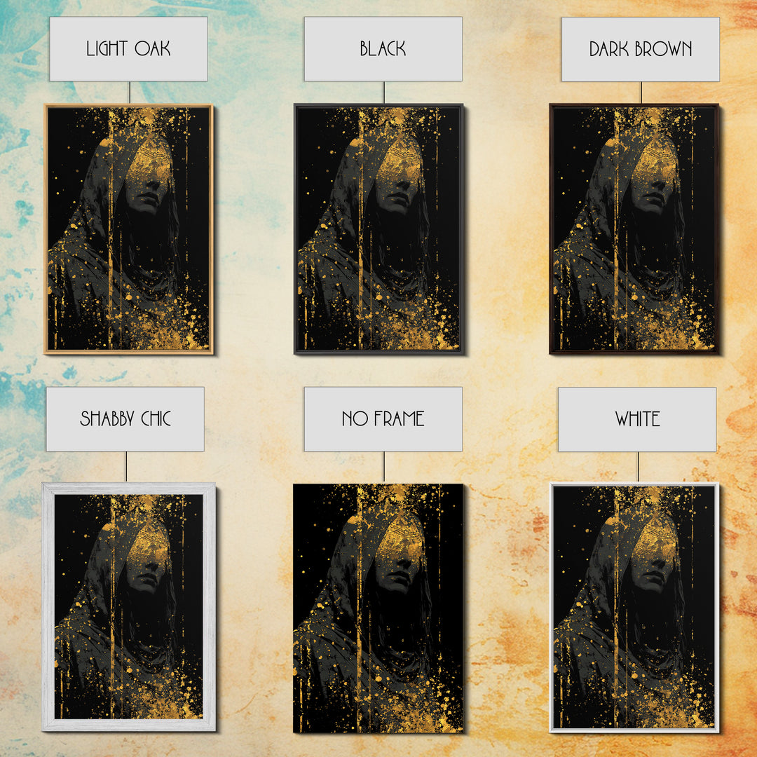 Nordic Hooded Seer Canvas Gold Art Canvas Art – Norse Mythology Office Wall Art, Mystic Viking Decor in handcrafted wood frame