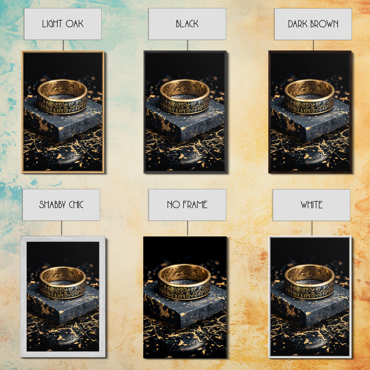 Norse Rune Ring Canvas Gold Art Canvas Art – Viking Jewelry Inspired Office Wall Art, Nordic Man Cave Decor framed in wood frame