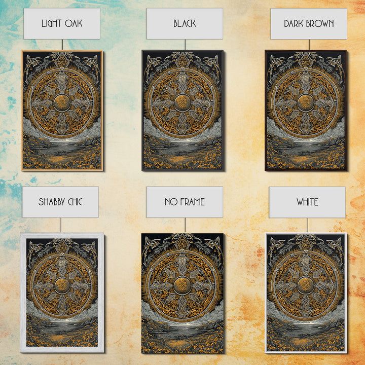 Vegvisir Compass Canvas Gold Art, Norse Mythology Canvas Art of Viking Symbol for Guidance, Man Cave or Office Decor framed in real wood
