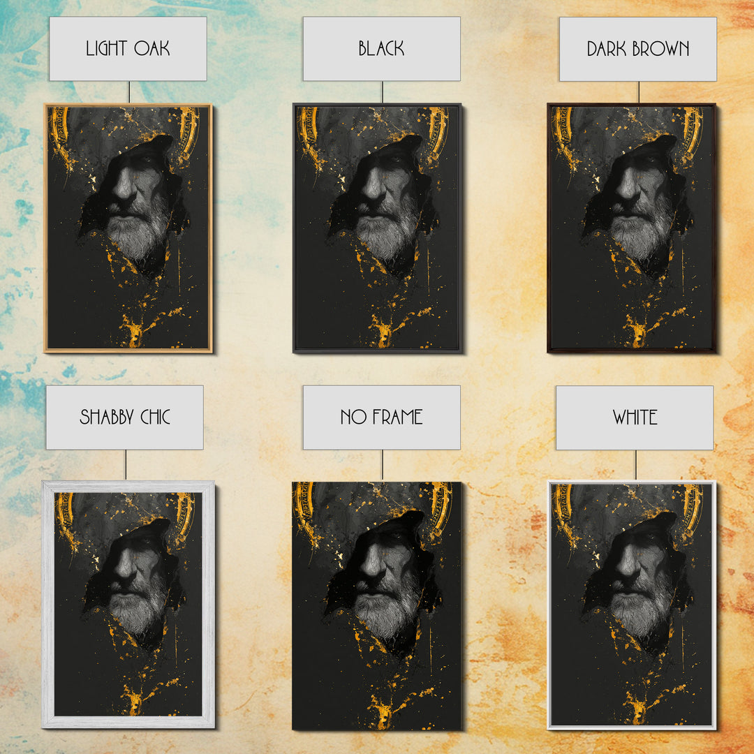 Odin Canvas Gold Art Norse God Portrait, Viking Mythology Canvas Art with real wood frame, masculine Nordic wall art for man cave