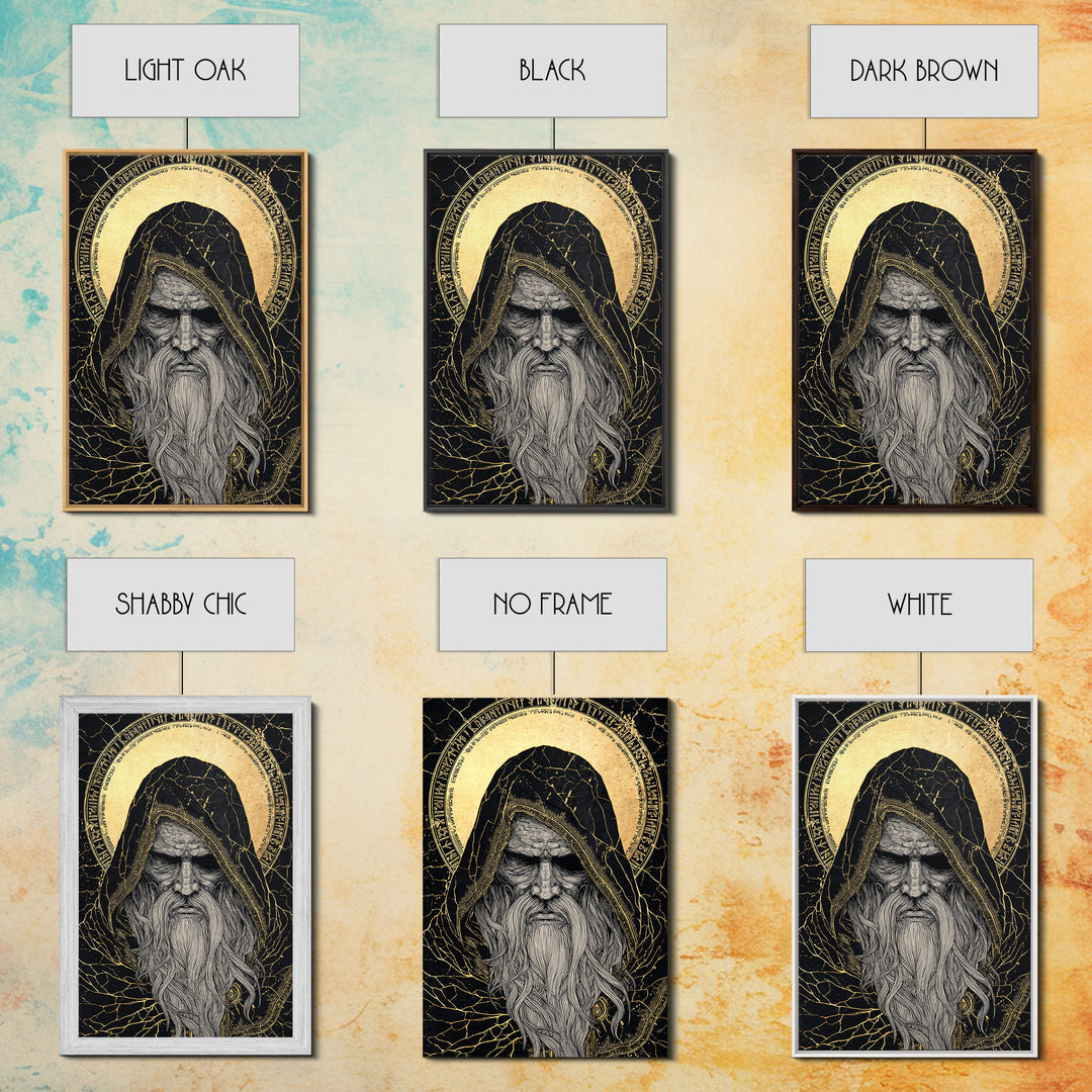 Norse God Odin Canvas Gold Art, Viking Mythology Canvas Art in natural wood frame, powerful Nordic wall art for office or man cave