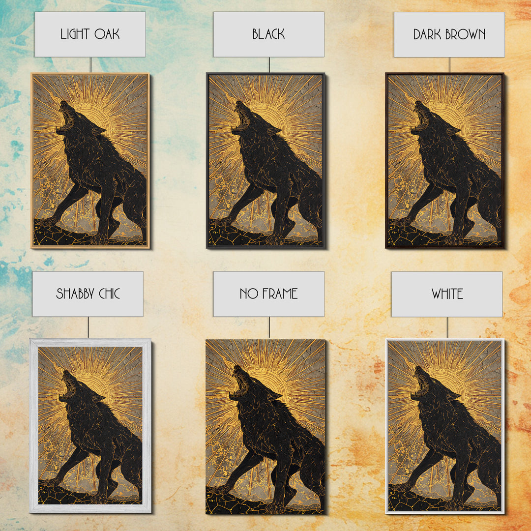 Nordic Fenrir Wolf Canvas Art, Canvas Gold Art with Norse Mythology Sun Chaser Wolf, Man Cave Decor framed in authentic wood