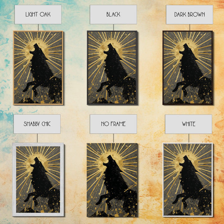 Fenrir Howling Wolf Canvas Gold Art, Norse Mythology Canvas Art with Viking Wolf Symbolism, Office Wall Decor in real wood frame