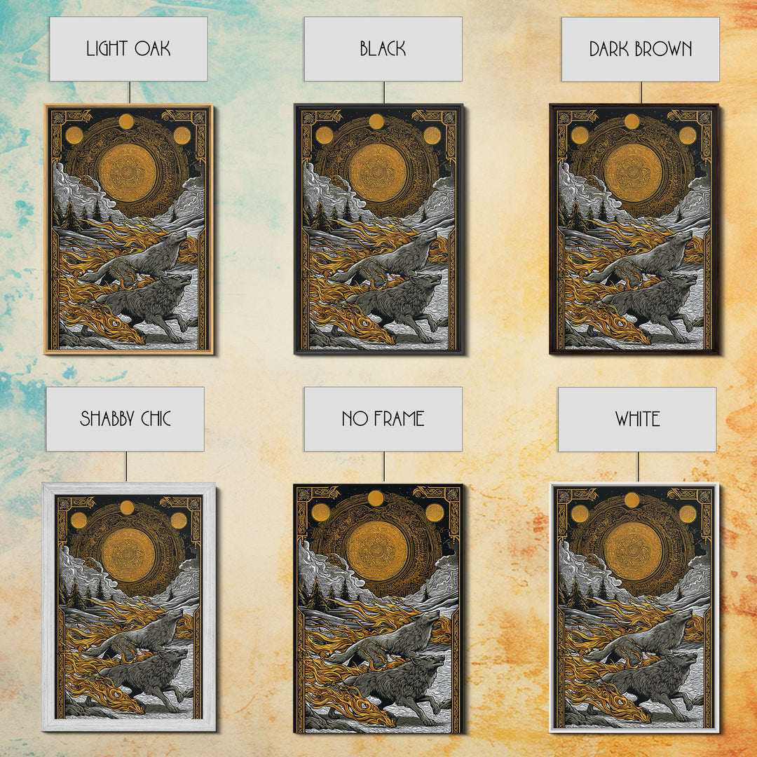 Sköll and Hati Wolves Norse Mythology Art, Canvas Gold Art and Canvas Art, Viking Wolf Chasing Sun and Moon framed in wood