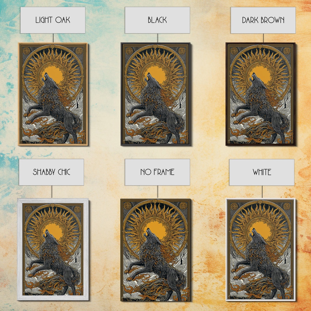 Fenrir Wolf Ragnarok Canvas Art, Canvas Gold Art with Norse Mythology Theme, Viking Wolf Office Wall Decor framed in real wood