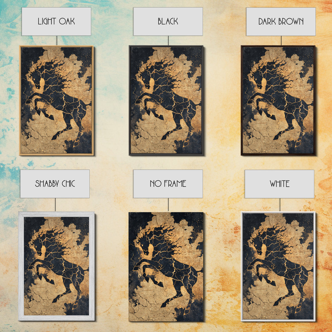 Nordic Sleipnir Horse Canvas Art, Canvas Gold Art featuring Odin’s Eight-Legged Horse, Norse Myth Wall Decor framed in natural wood