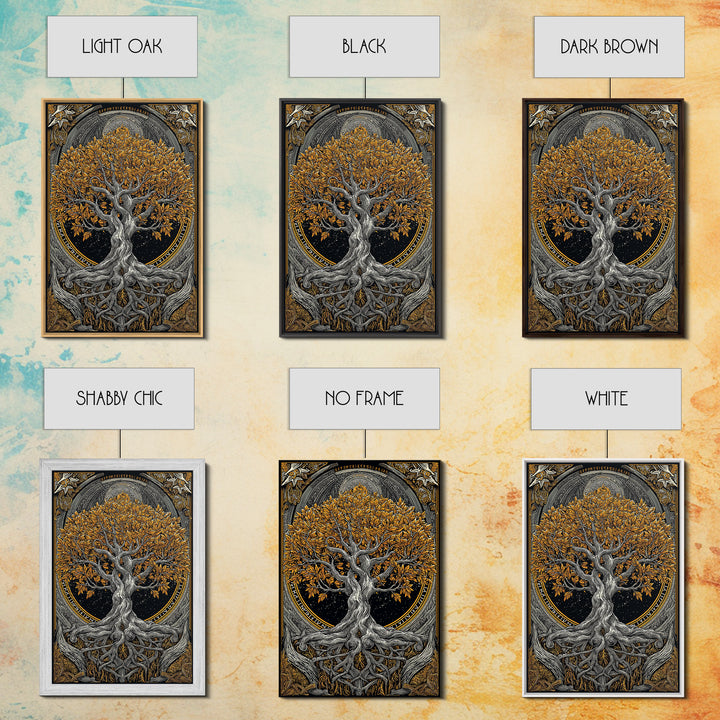 Yggdrasil World Tree Canvas Gold Art Canvas Art Norse Mythology Decor framed in natural wood for Office Wall or Man Cave Gift