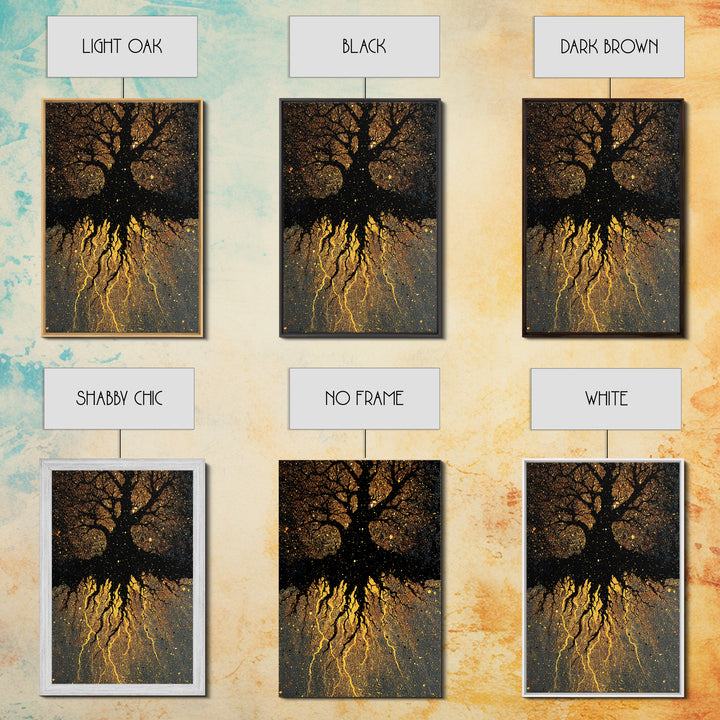 Golden World Tree Canvas Gold Art Canvas Art Norse Mythology Yggdrasil Design in natural wood frame, Office Art or Dad Gift